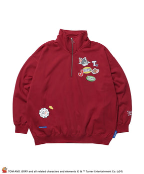 TJ STICKER HZIP SWEAT / オーバーサイズ 裏起毛 スウェット ハーフジップ クルーネック バーガンディー