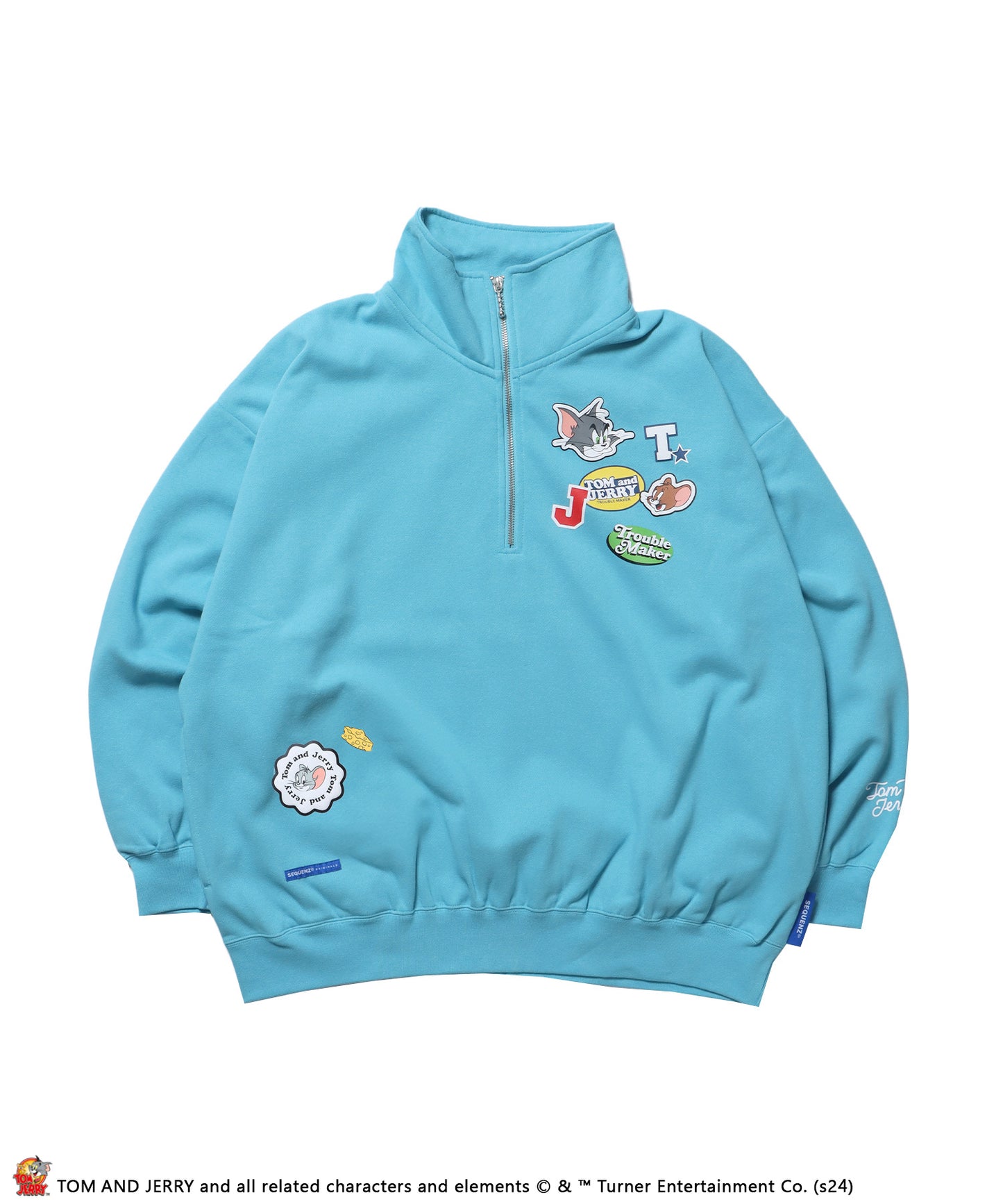 TJ STICKER HZIP SWEAT / オーバーサイズ 裏起毛 スウェット ハーフジップ クルーネック ターコイズブルー