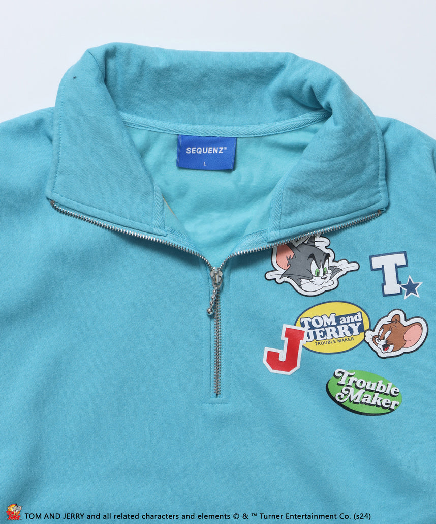 TJ STICKER HZIP SWEAT / オーバーサイズ 裏起毛 スウェット ハーフジップ クルーネック ターコイズブルー