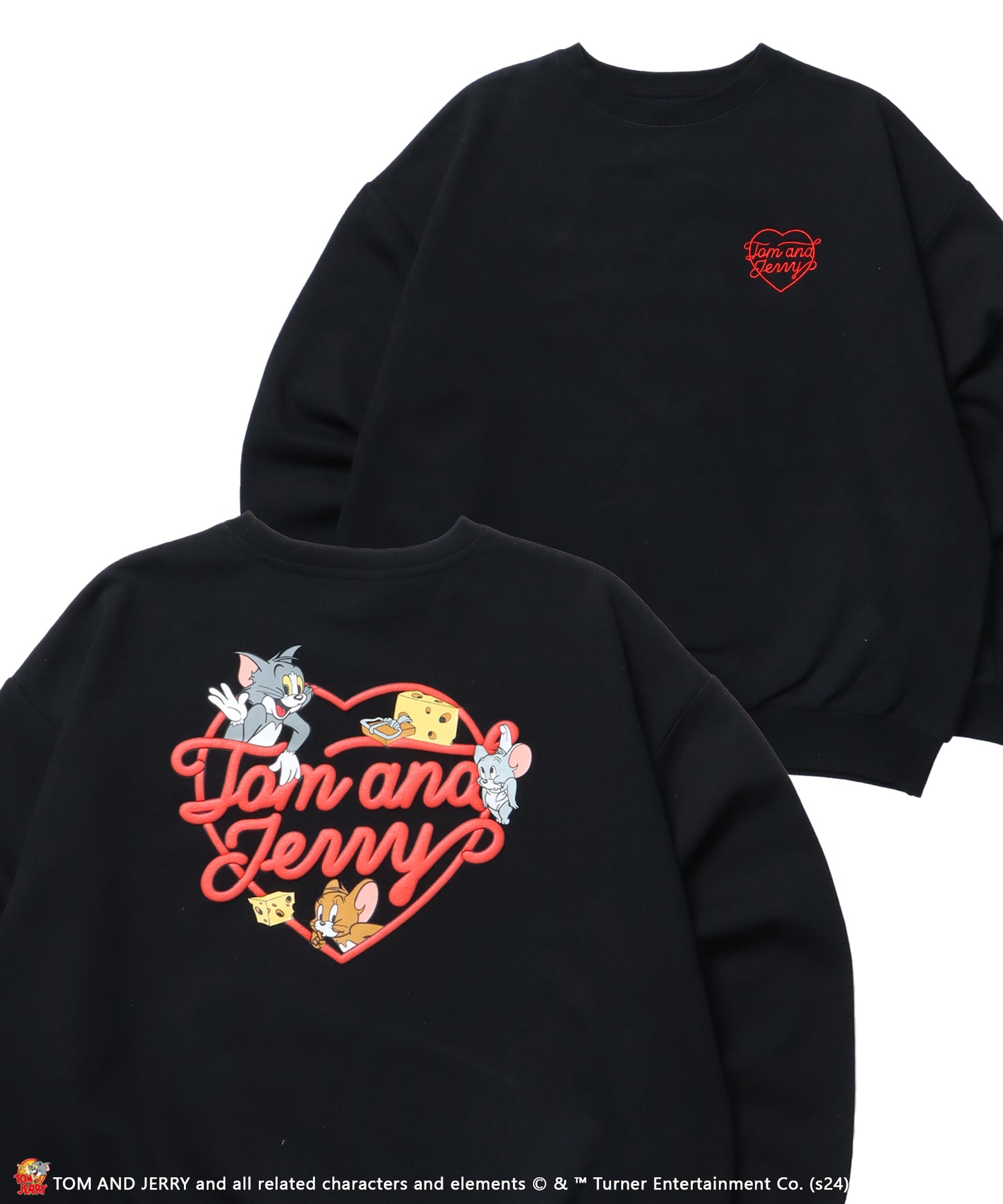 TJ HEART C/N SWEAT / トムとジェリー オーバーサイズ 裏起毛 スウェット クルーネック ブラック