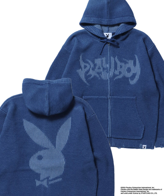 PB RHD KNIT ZIP PK / プレイボーイ ジャケット ニット フルジップ センターロゴ ブルーグレー