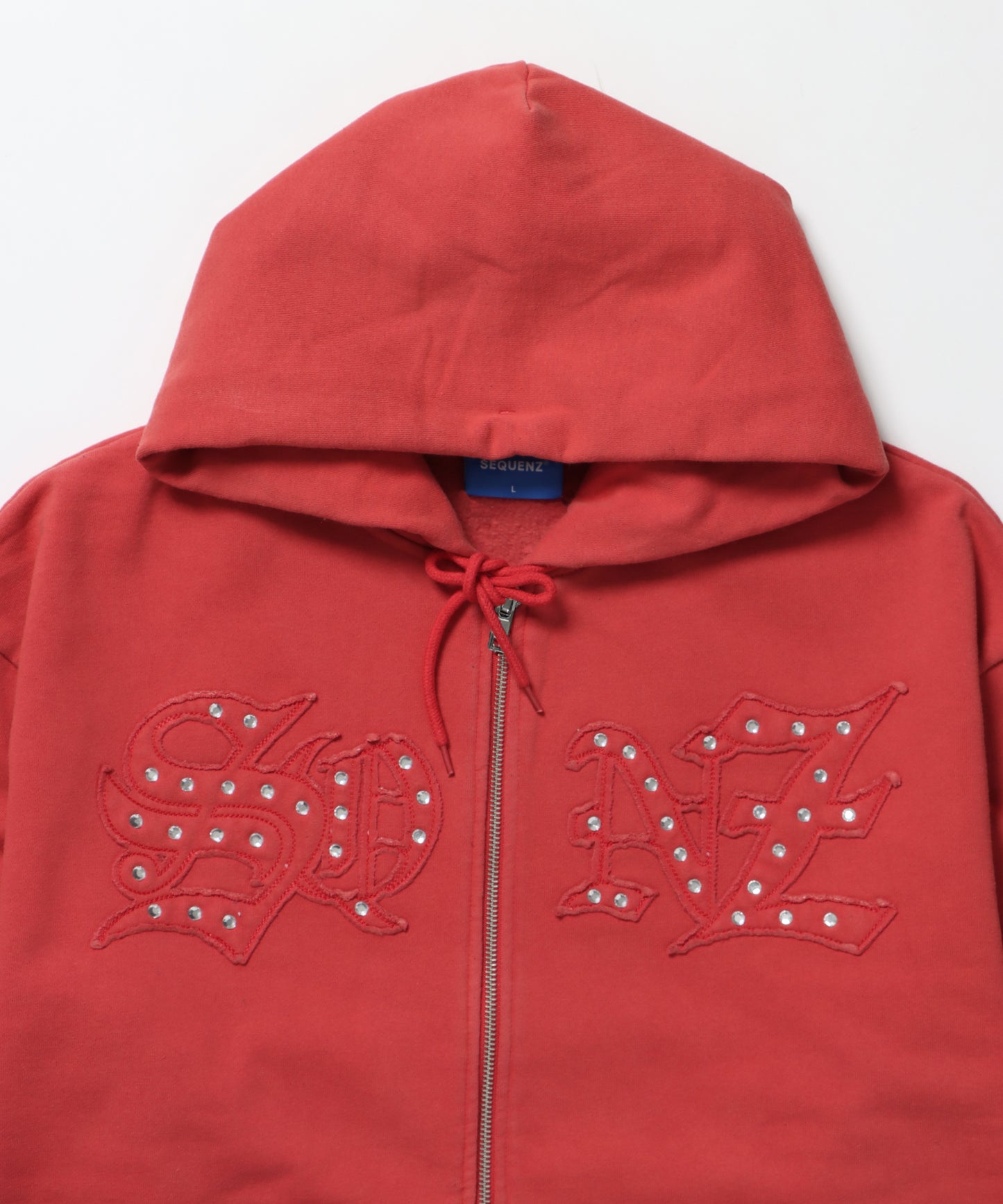 APPLIQUE STONE FADE ZIP P/K / ラインストーン ジップパーカー ダブルジップ 裏起毛 加工 【セットアップ着用可】 レッド
