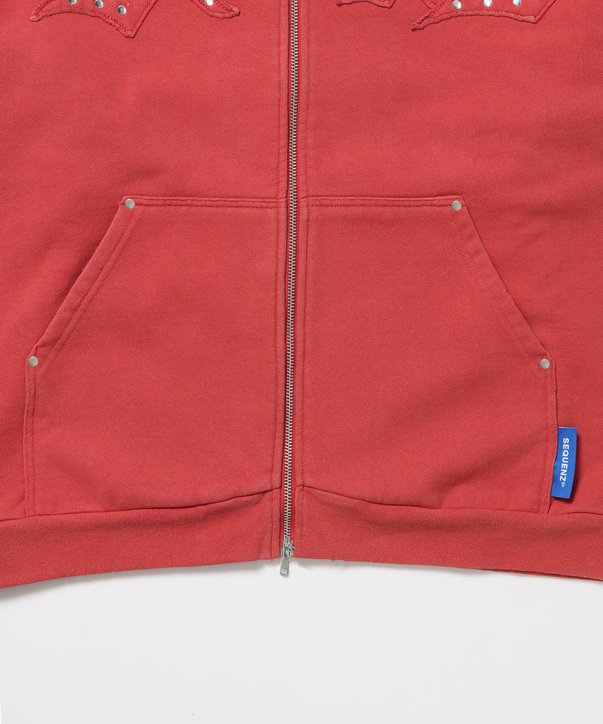APPLIQUE STONE FADE ZIP P/K / ラインストーン ジップパーカー ダブルジップ 裏起毛 加工 【セットアップ着用可】 レッド