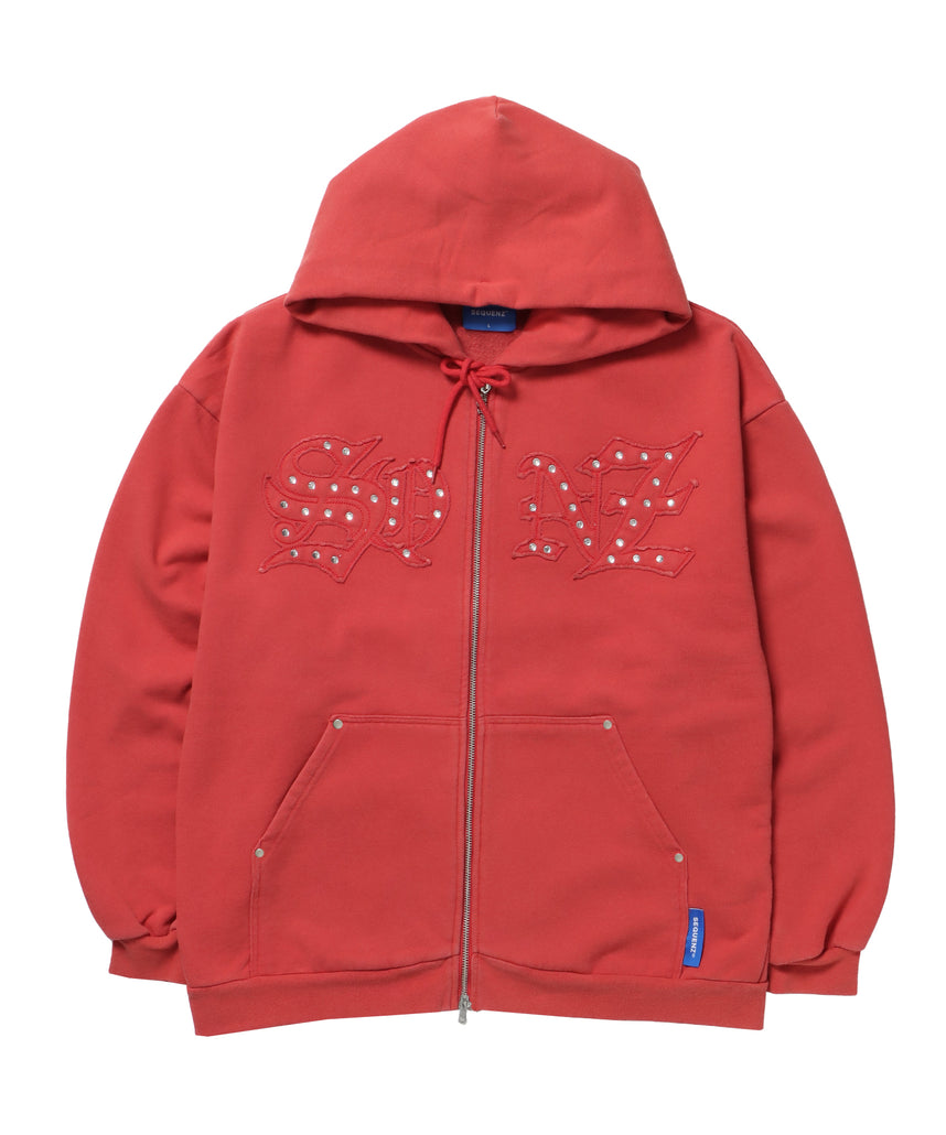 APPLIQUE STONE FADE ZIP P/K / ラインストーン ジップパーカー ダブルジップ 裏起毛 加工 【セットアップ着用可】 レッド