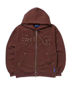 APPLIQUE STONE FADE ZIP P/K / ラインストーン ジップパーカー ダブルジップ 裏起毛 加工 【セットアップ】 モカ