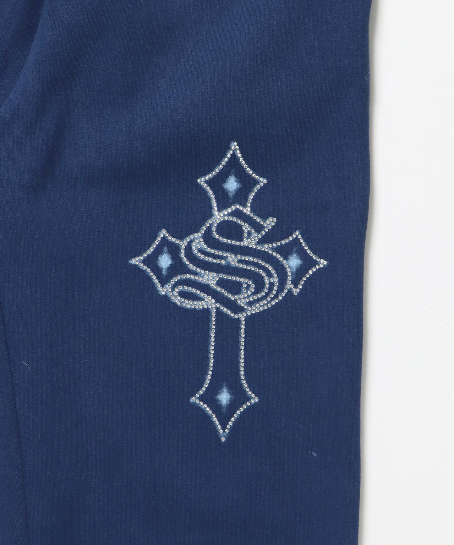 CROSS RHINE STONE SWEAT PANTS / ラインストーン クロス スウェットパンツ ドローコード 裏起毛 【セットアップ】 ダークネイビー