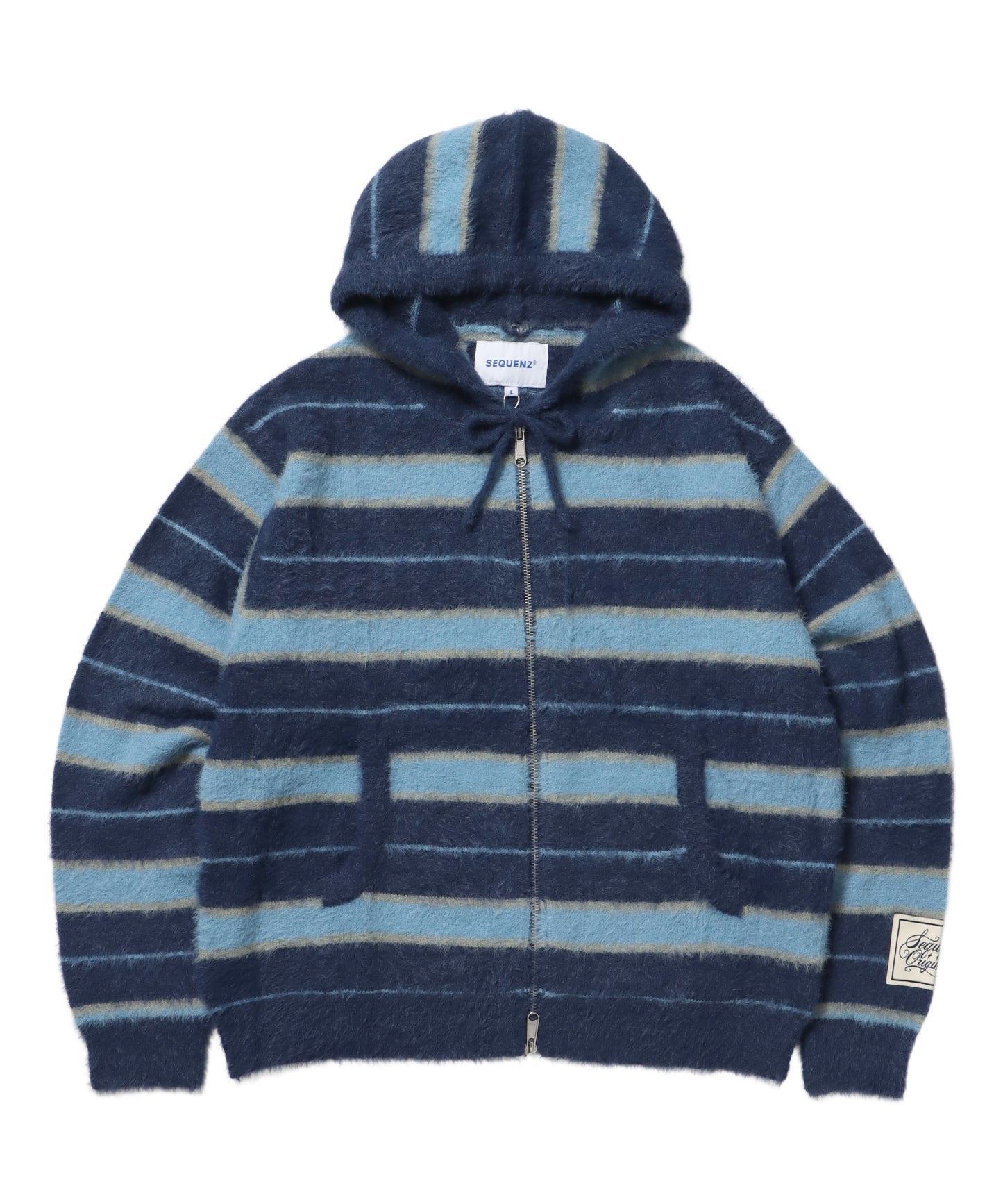 SHAGGY BORDER HOODIE ZIP / ボーダー ニット パーカー ジップ ダブルジップ フーディ ライトブルー
