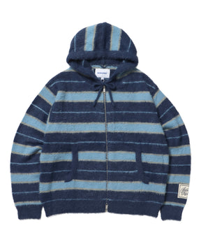 SHAGGY BORDER HOODIE ZIP / ボーダー ニット パーカー ジップ ダブルジップ フーディ ライトブルー