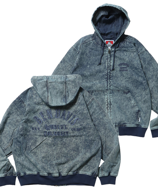 BLEACHED TWILL ZIP HOODIE /パーカー ジップパーカー ダブルジップ 短丈 刺繍 ネイビー