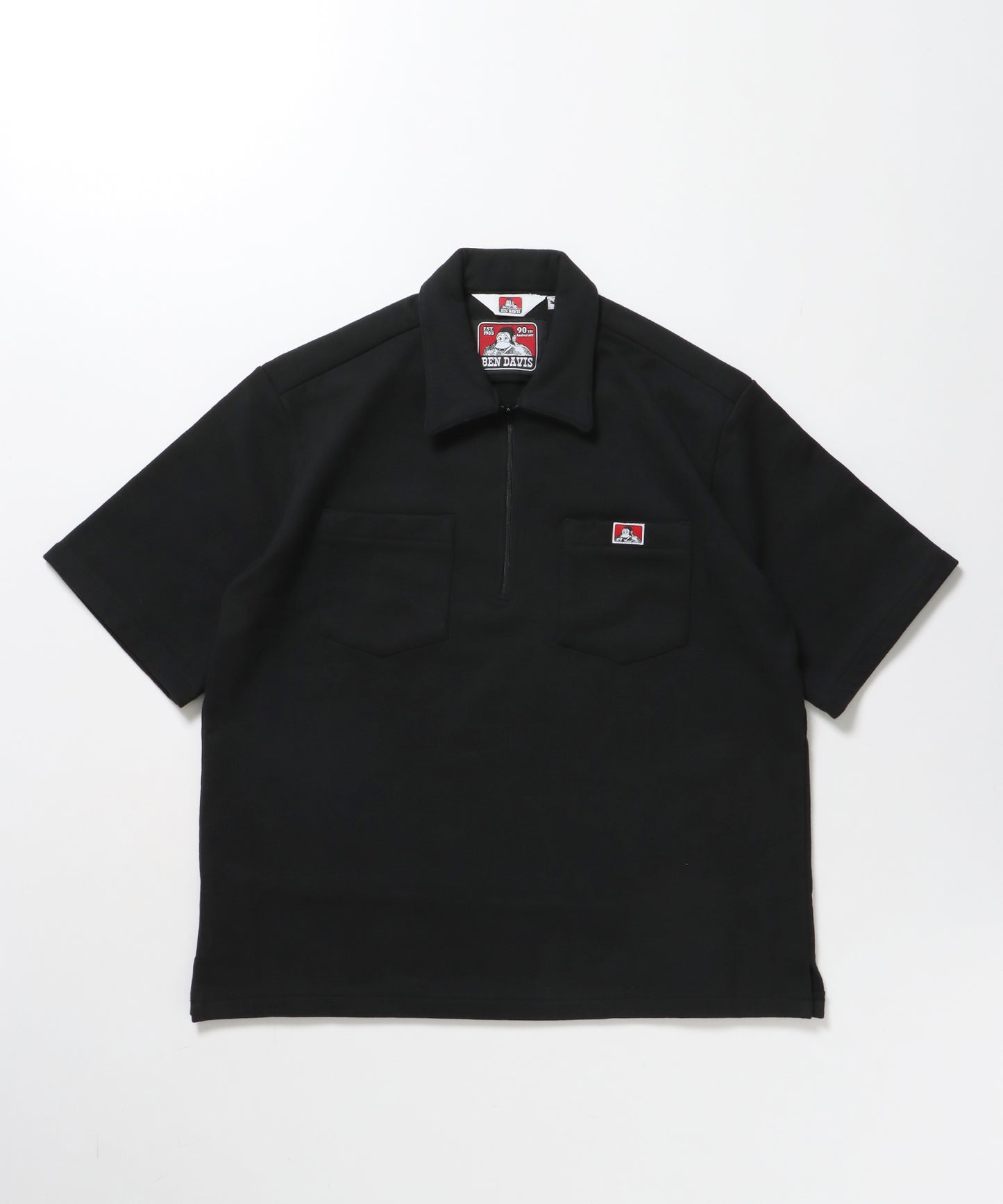 90TH H.SWEAT S/S 1/2 ZIP SHIRT / ヘビーウェイト 半袖 ハーフジップ 裏毛 ワンポイント ≪セットアップ対応≫ ブラック