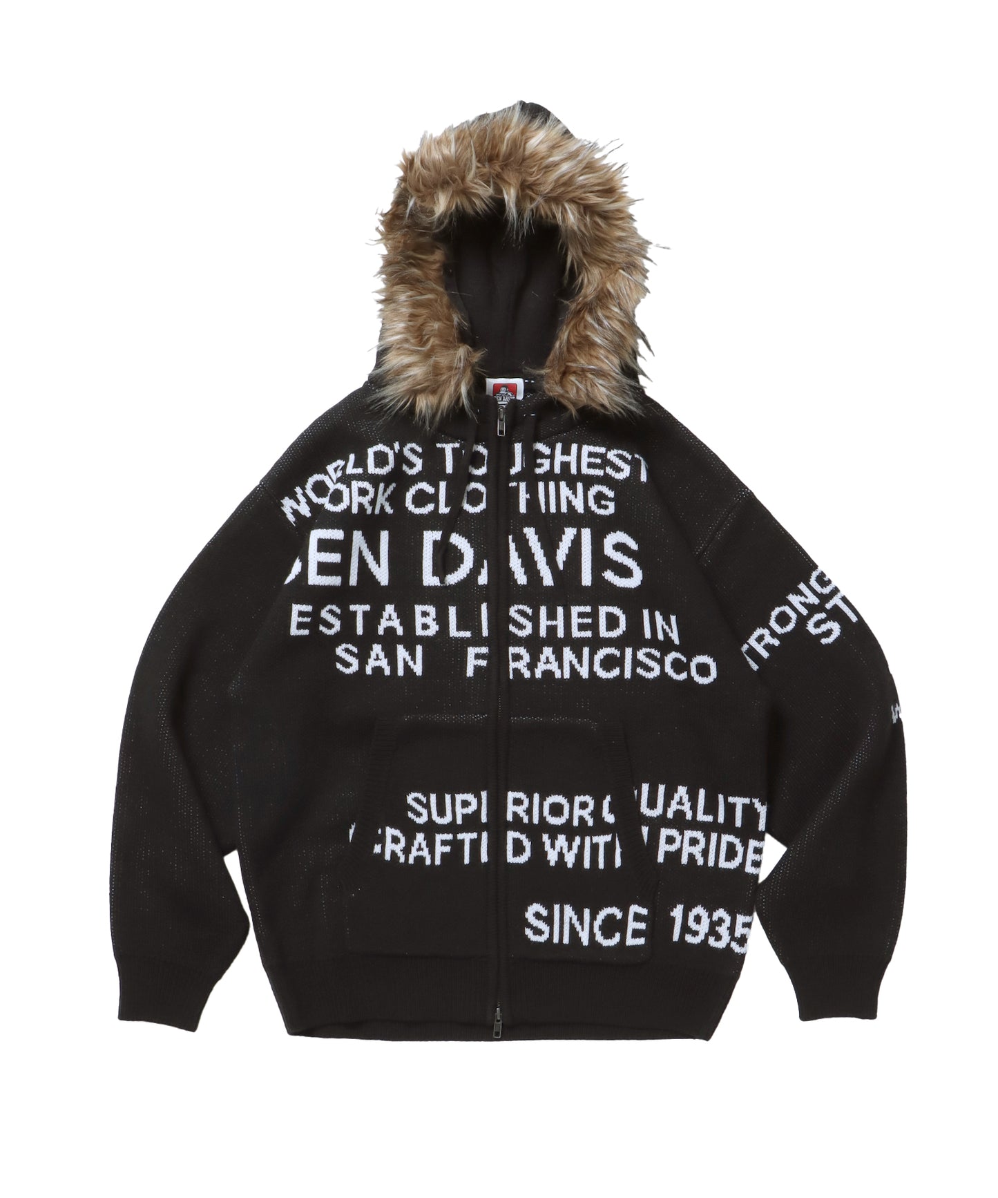 FAUX FUR TRIM KNIT JACKET / オーバーサイズ ニット ファー ジップパーカー フーディ ダブルジップ ブラック