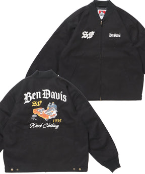 MECHANIC EMB RIBBED JACKET / ワーク ジャケット 刺繍 ジャケット ダック アウター ブラック