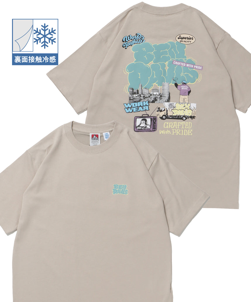 OVERLAP COOL TEE / Tシャツ 接触冷感 半袖 クルーネック ワンポイント 刺繍 ワンポイント ベージュ