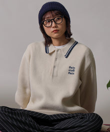 三段ロゴアソート襟ポロニット / ポロシャツ ニット ボーダー 刺繍 ワンポイント アイボリー