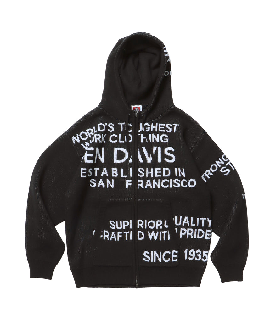 FAUX FUR TRIM KNIT JACKET / オーバーサイズ ニット ファー ジップパーカー フーディ ダブルジップ ブラック