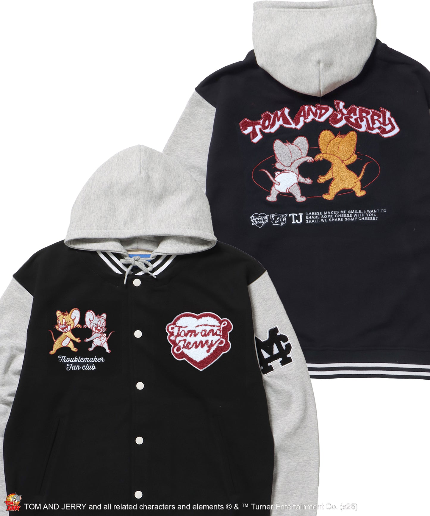 TJ HOODED STADIUM JACKET / 2WAY スタジャン フード取り外し可能 ドロップショルダー ワッペン 刺繍 ブラック