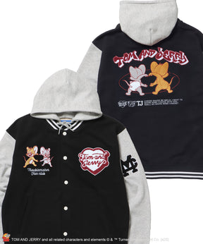 TJ HOODED STADIUM JACKET / 2WAY スタジャン フード取り外し可能 ドロップショルダー ワッペン 刺繍 ブラック