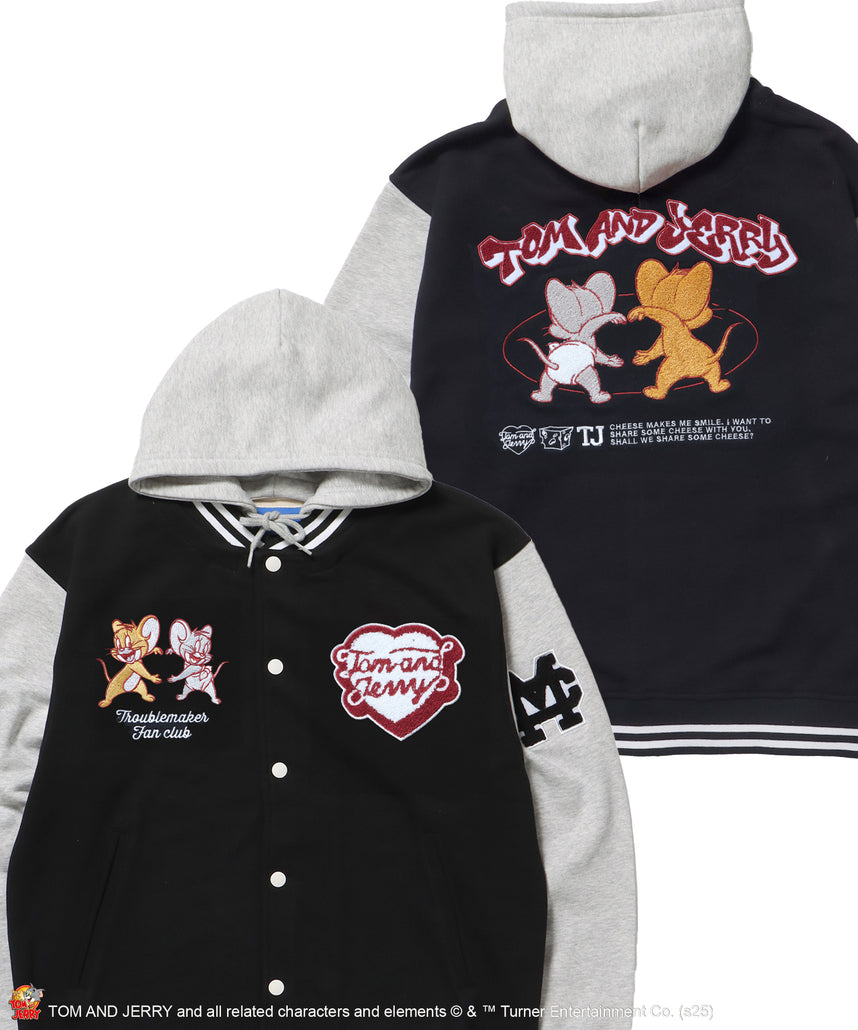 TJ HOODED STADIUM JACKET / 2WAY スタジャン フード取り外し可能 ドロップショルダー ワッペン 刺繍 ブラック