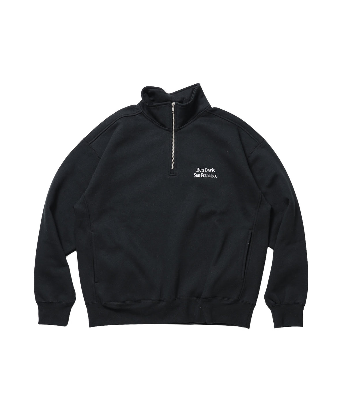 BD SWEAT HALF ZIP / スウェット ハーフジップ ワンポイント刺繍 裏起毛 サイドポケット ユニセックス ブラック
