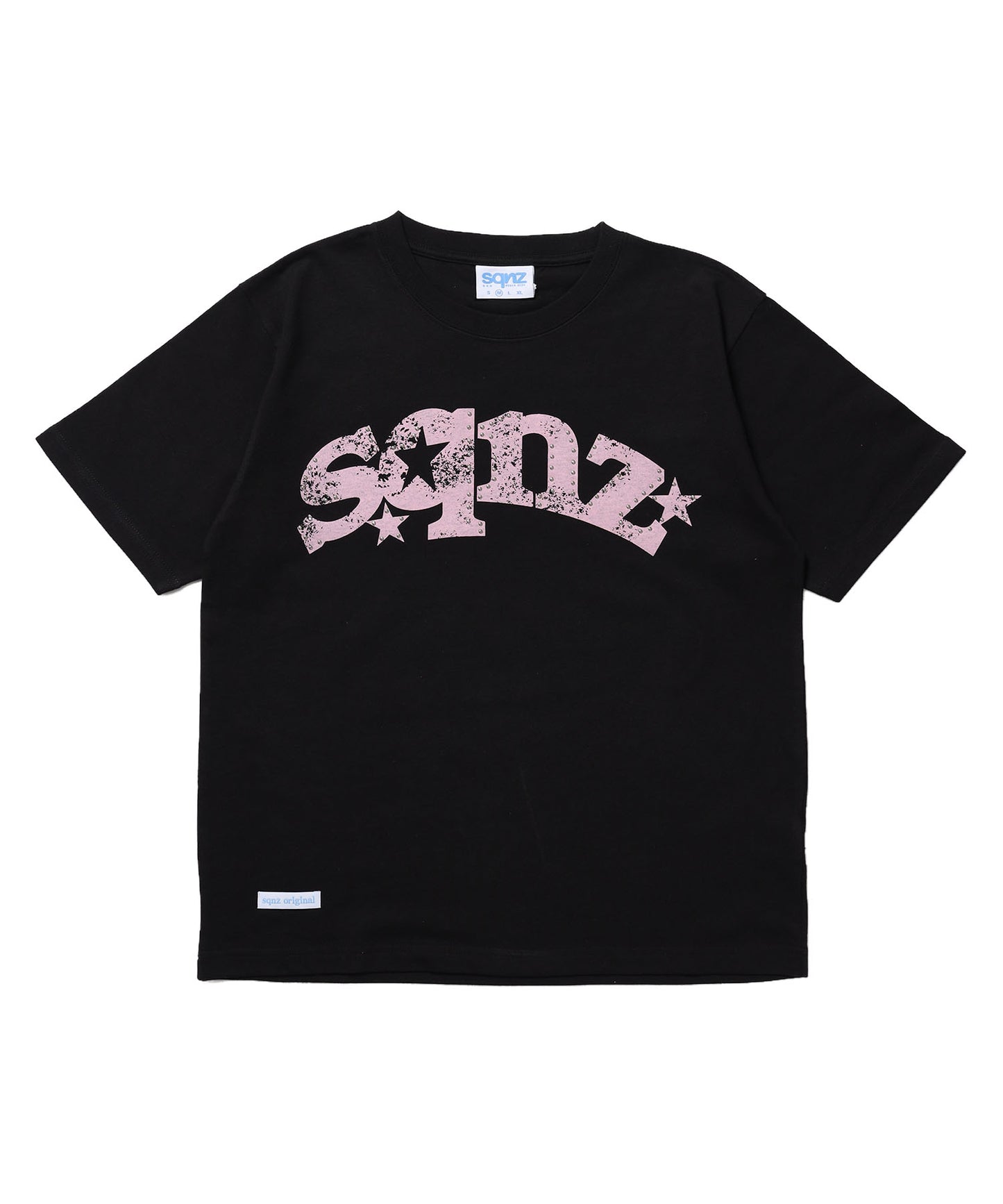 ※WEB限定 / ユニセックス / ロゴ加工風スタッズ半袖Tシャツ / sqnz studs faint logo tee / ブラック