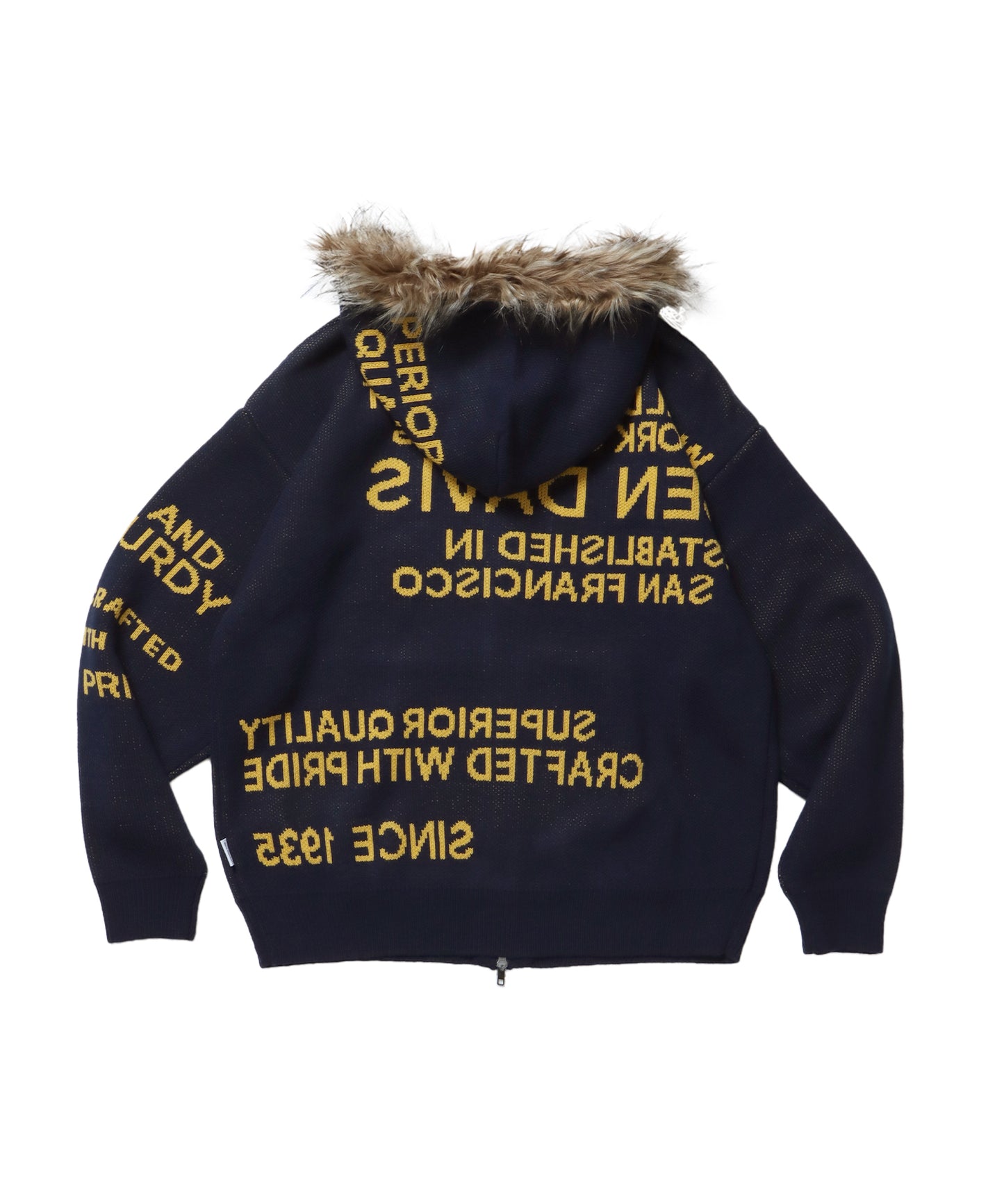 FAUX FUR TRIM KNIT JACKET / オーバーサイズ ニット ファー ジップパーカー フーディ ダブルジップ ネイビー