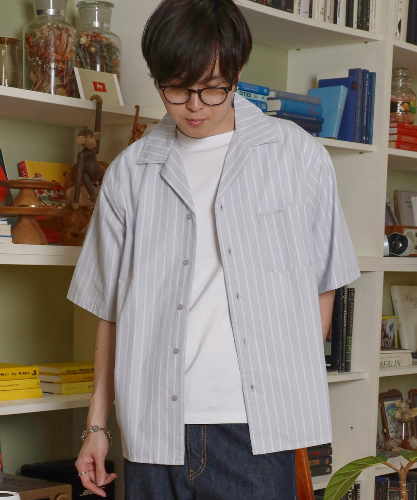 マルニ　オープンカラー　ロゴ刺繍　ストライプ　シャツ　半袖　開襟　メンズ　46 FFEIN(フェイン)】開襟ストライプ半袖シャツ / シャツ オープンカラー