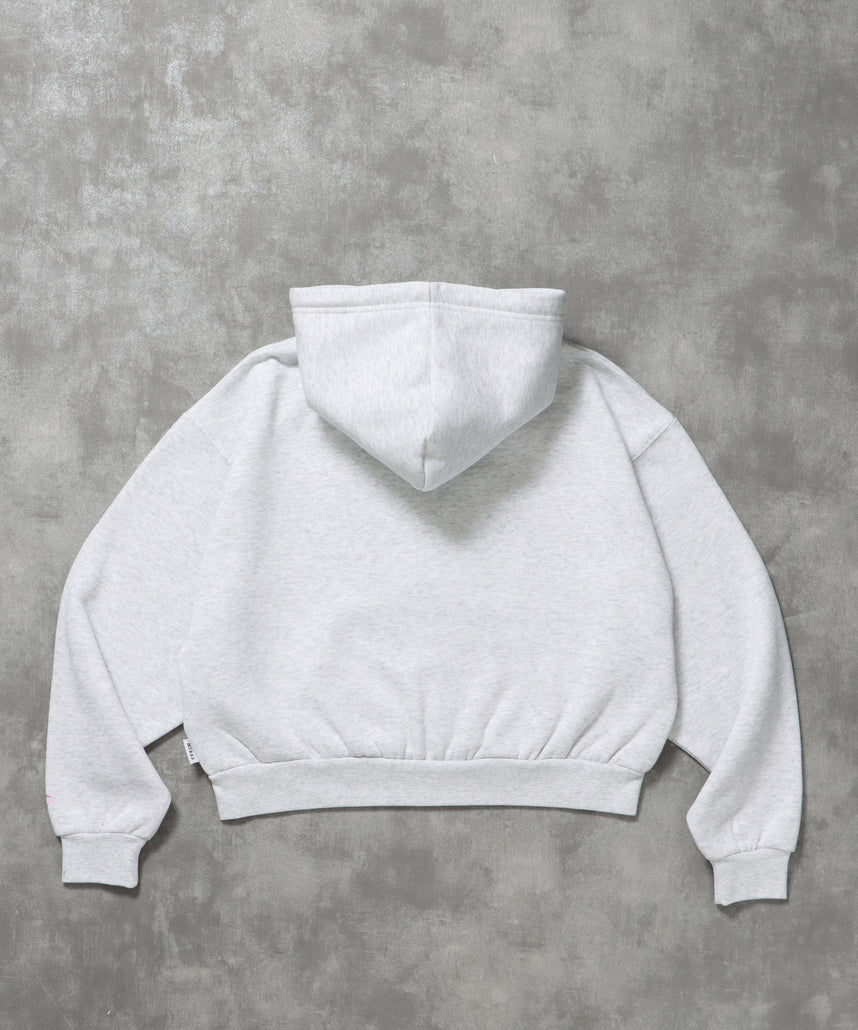 センター3D刺繍立体フードショート丈ZIPパーカー / レディース パーカー 裏起毛 ヘビーウエイト フーディ ダブルジップ 【短丈】 アッシュグレー