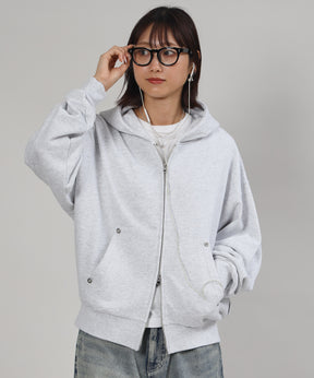 切り替えリベットダメージジップパーカー / リベット ジップ パーカー 裏毛 フーディ アッシュグレー