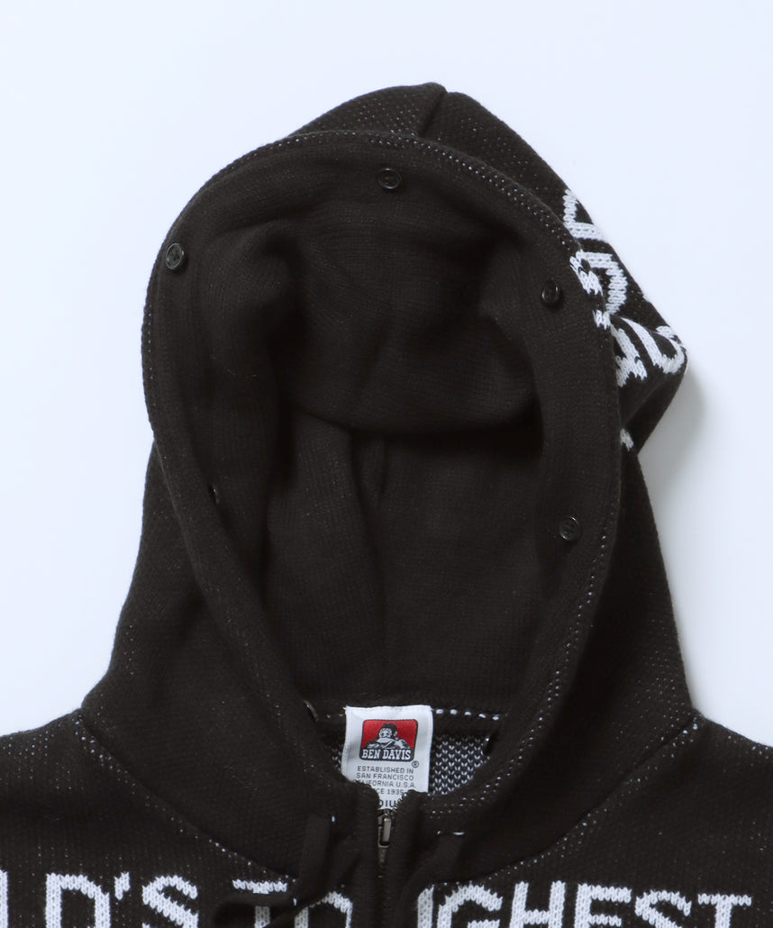 FAUX FUR TRIM KNIT JACKET / オーバーサイズ ニット ファー ジップパーカー フーディ ダブルジップ ブラック