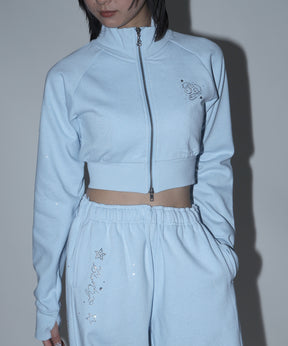 sqnz glitter zip top / グリッター ダブルジップ ジップスウェット 裏起毛 ラインストーン 【セットアップ着用可能】 スカイブルー