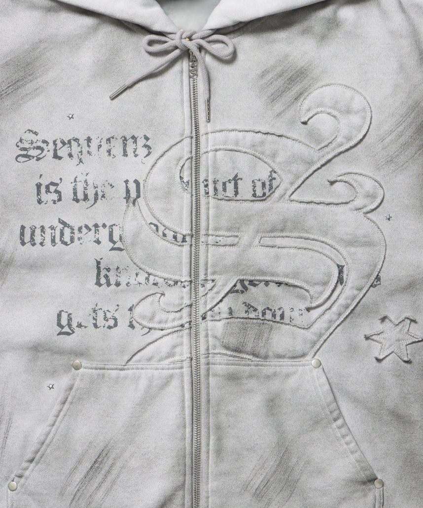 SQNZ ZIP P/K / ジップパーカー 裏起毛 フーディ スタッズ 加工 ワッペン プリント ライトグレー