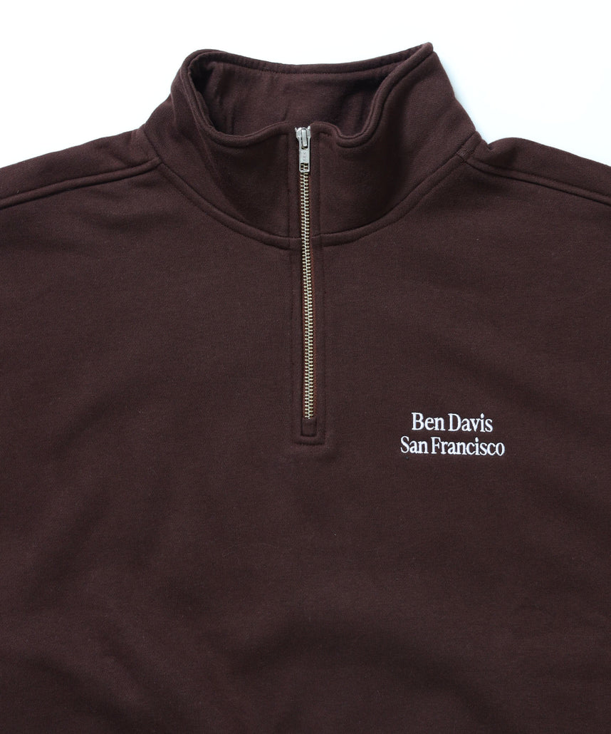 BD SWEAT HALF ZIP / スウェット ハーフジップ ワンポイント刺繍 裏起毛 サイドポケット ユニセックス ブラウン