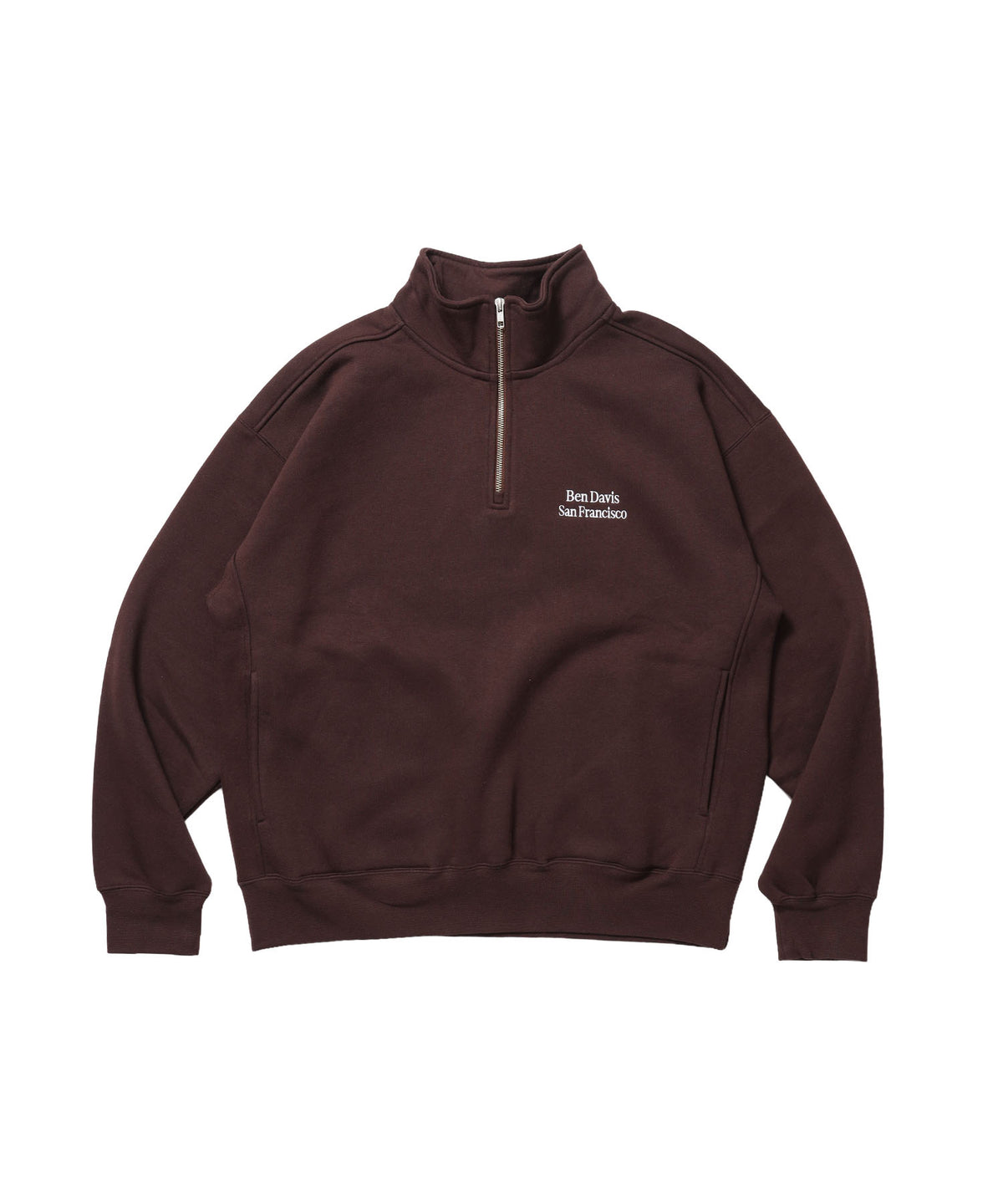 BD SWEAT HALF ZIP / スウェット ハーフジップ ワンポイント刺繍 裏起毛 サイドポケット ユニセックス ブラウン