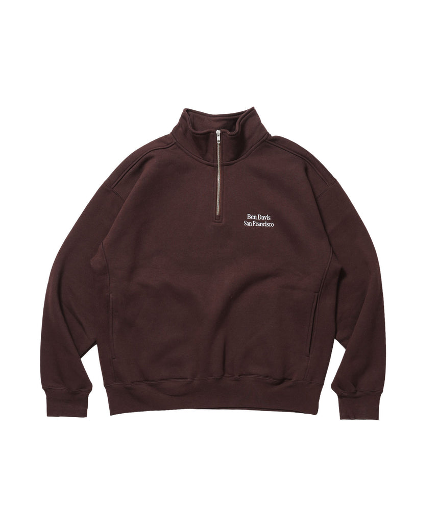 BD SWEAT HALF ZIP / スウェット ハーフジップ ワンポイント刺繍 裏起毛 サイドポケット ユニセックス ブラウン