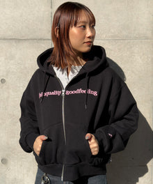 センター3D刺繍立体フードショート丈ZIPパーカー / レディース パーカー 裏起毛 ヘビーウエイト フーディ ダブルジップ 【短丈】 ブラック