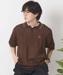 メッシュニット刺繍ポロシャツ / ポロシャツ メッシュ レギュラーカラー 半袖　リブライン ブラウン
