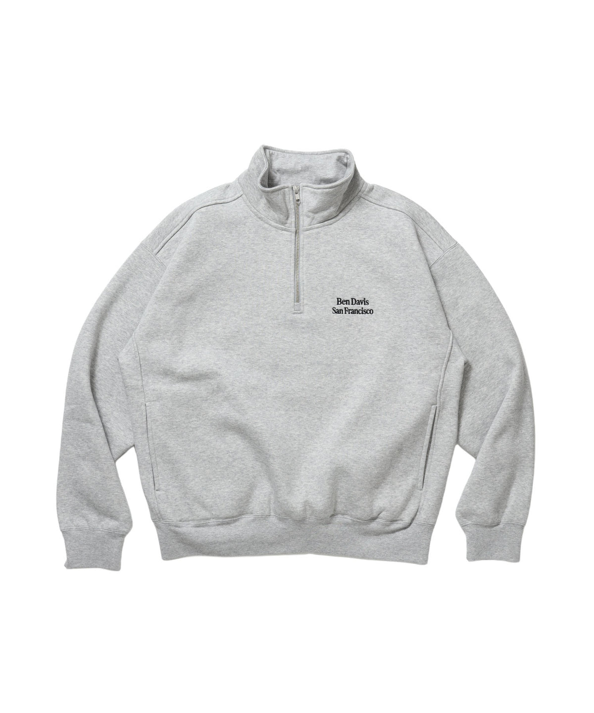 BD SWEAT HALF ZIP / スウェット ハーフジップ ワンポイント刺繍 裏起毛 サイドポケット ユニセックス グレー