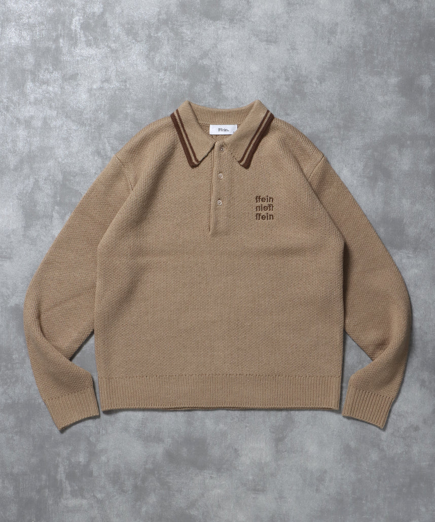 三段ロゴアソート襟ポロニット / ポロシャツ ニット ボーダー 刺繍 ワンポイント ベージュ