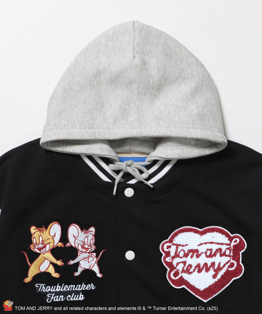 TJ HOODED STADIUM JACKET / 2WAY スタジャン フード取り外し可能 ドロップショルダー ワッペン 刺繍 ブラック