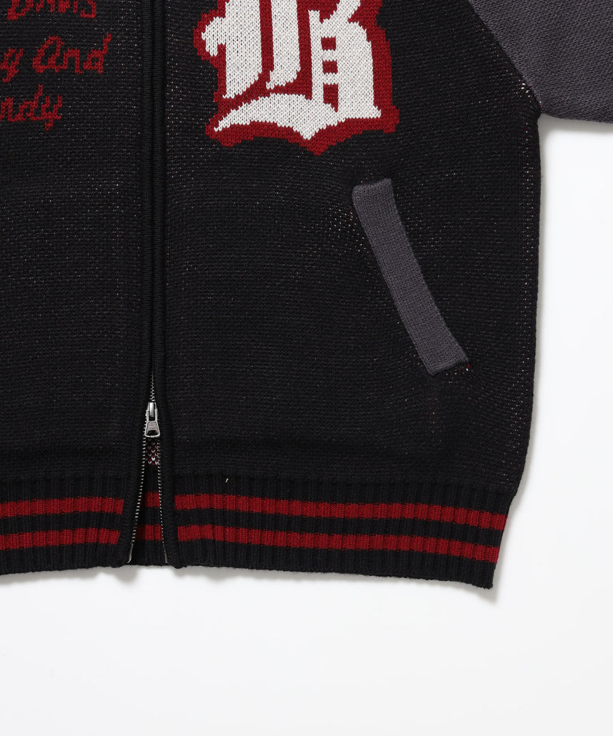 BALLPARK KNIT JACKET / ニット ジャケット ジャケード 刺繍 スタジャン スタジアムジャンパー ユニセックス 秋冬 ブラック