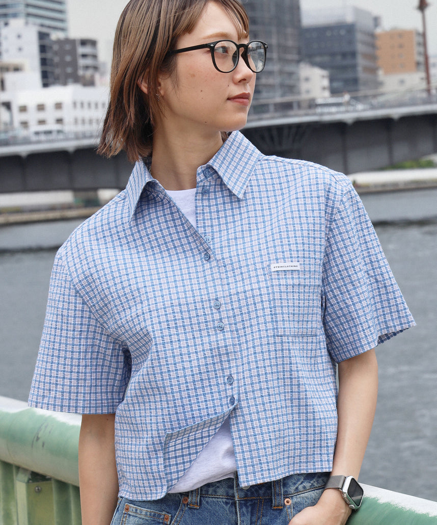 新品未使用☆韓国G/FOREジーフォアレディース半袖シャツsizeMネイビー FFEIN(フェイン)】ショート丈ボックスチェック半袖シャツ / レディース