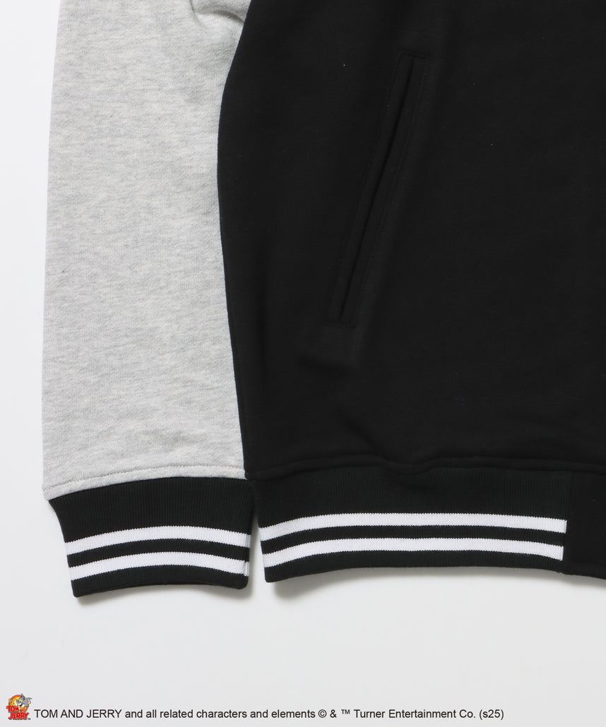 TJ HOODED STADIUM JACKET / 2WAY スタジャン フード取り外し可能 ドロップショルダー ワッペン 刺繍 ブラック