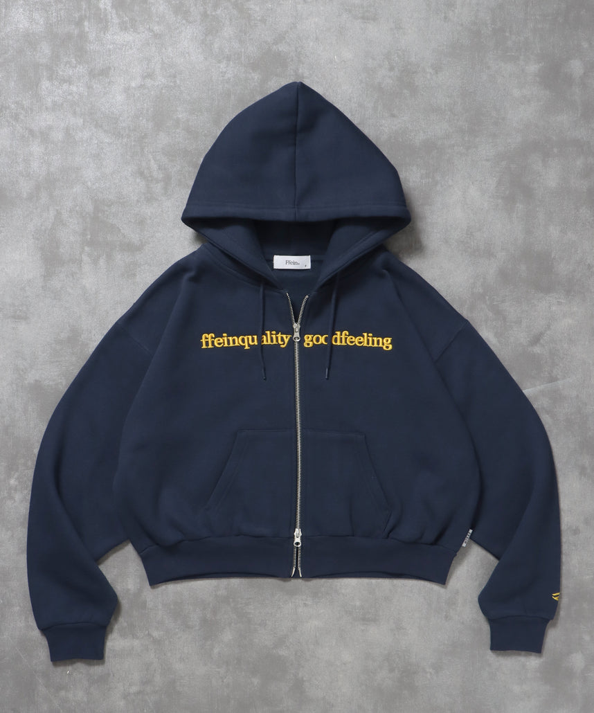 センター3D刺繍立体フードショート丈ZIPパーカー / レディース パーカー 裏起毛 ヘビーウエイト フーディ ダブルジップ 【短丈】 ネイビー