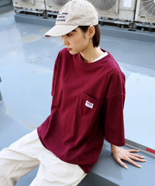 BIG POCKET TEE ZF / ポケット 半袖 ワンポイント ワイドシルエット ヘビーウエイト クルーネック ワイン