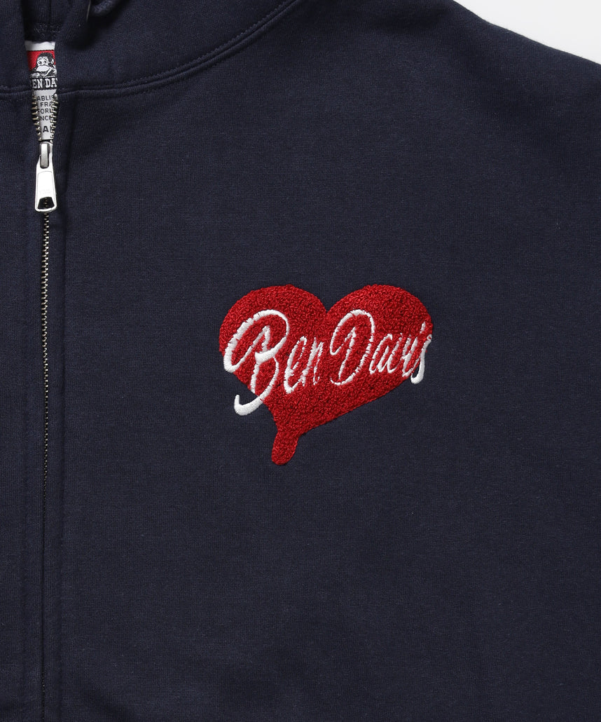 HEART CHENILLE ZIP HOODIE / ジップパーカー フード ハート チェニール 刺繍 裏起毛 ユニセックス ネイビー
