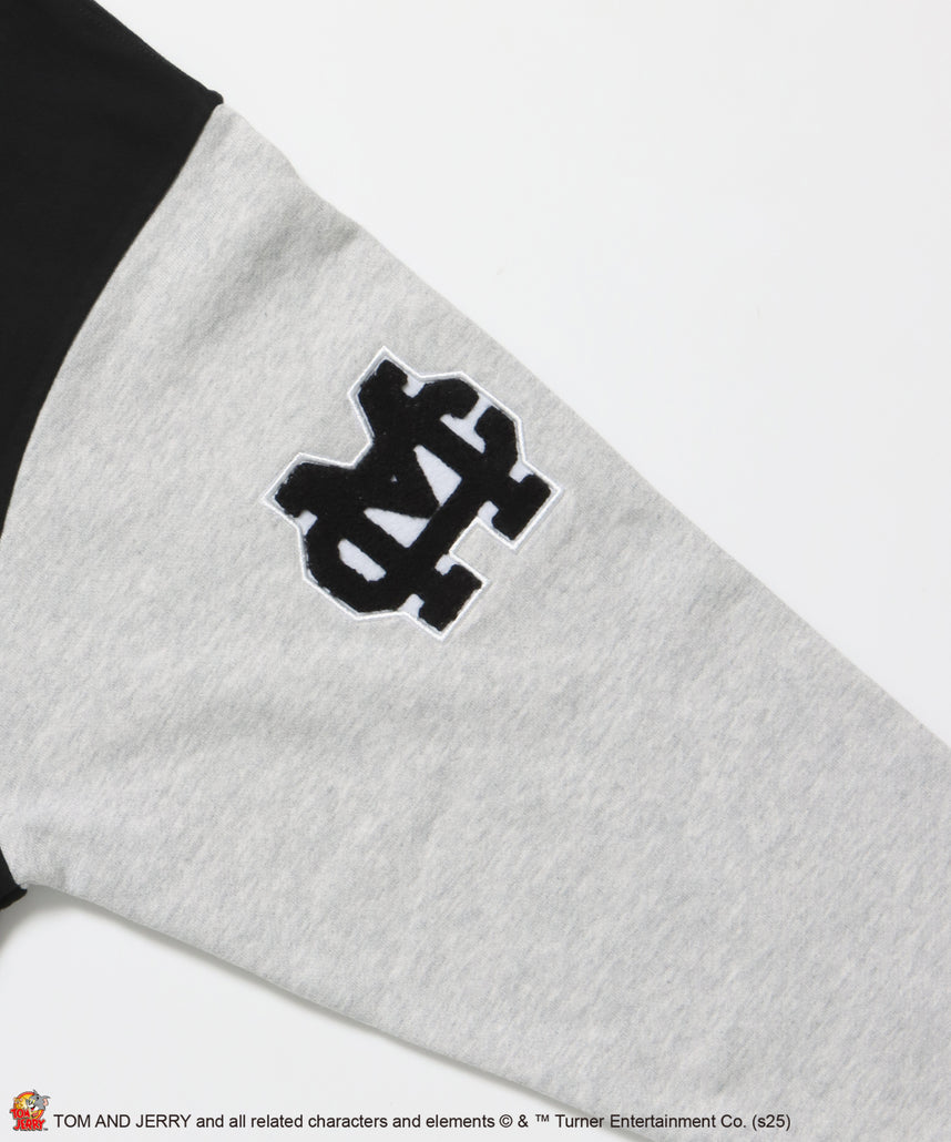 TJ HOODED STADIUM JACKET / 2WAY スタジャン フード取り外し可能 ドロップショルダー ワッペン 刺繍 ブラック