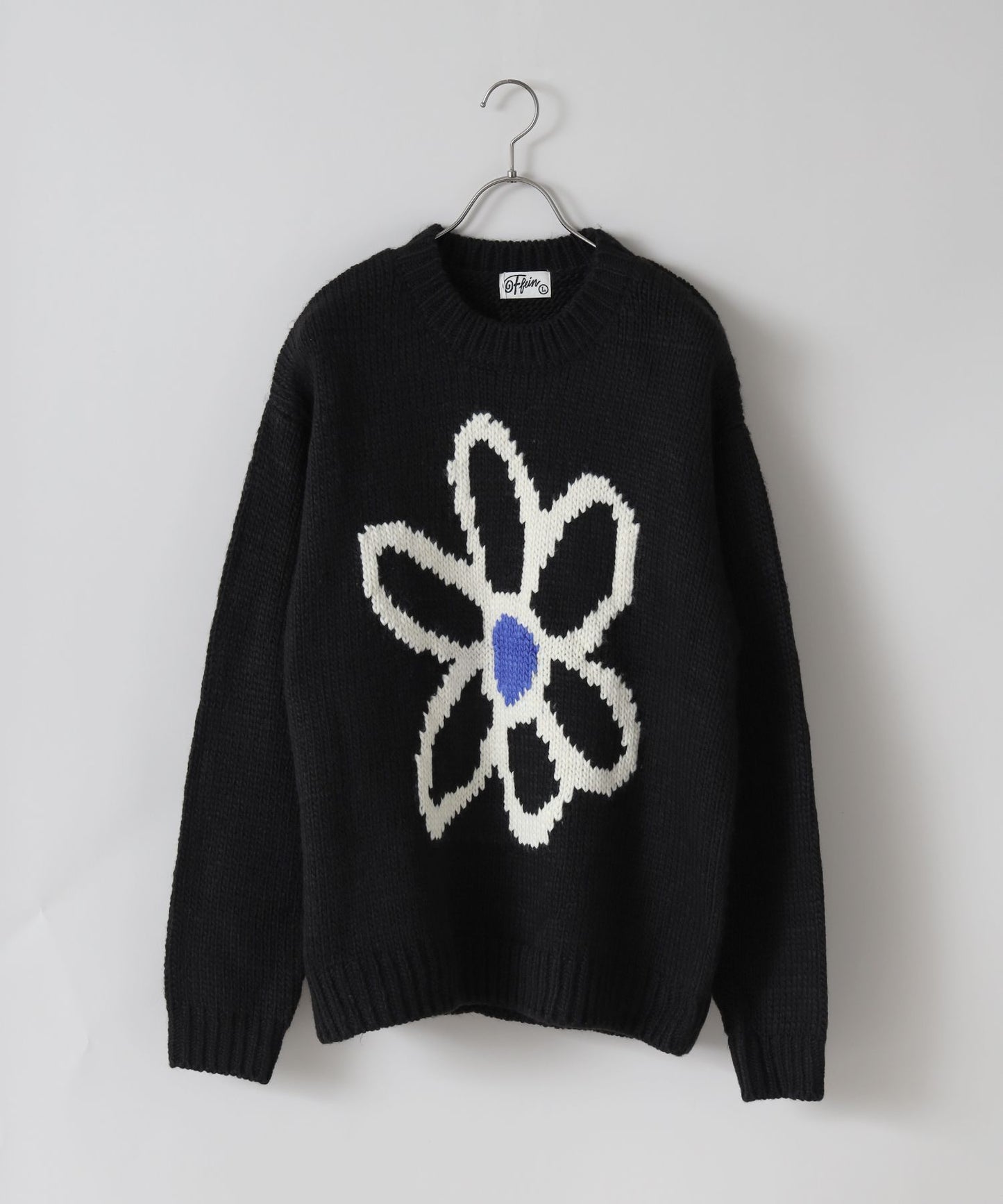 【FFEIN/フェイン】ジャガードフラワー柄ルーズクルーネックニット ブラック