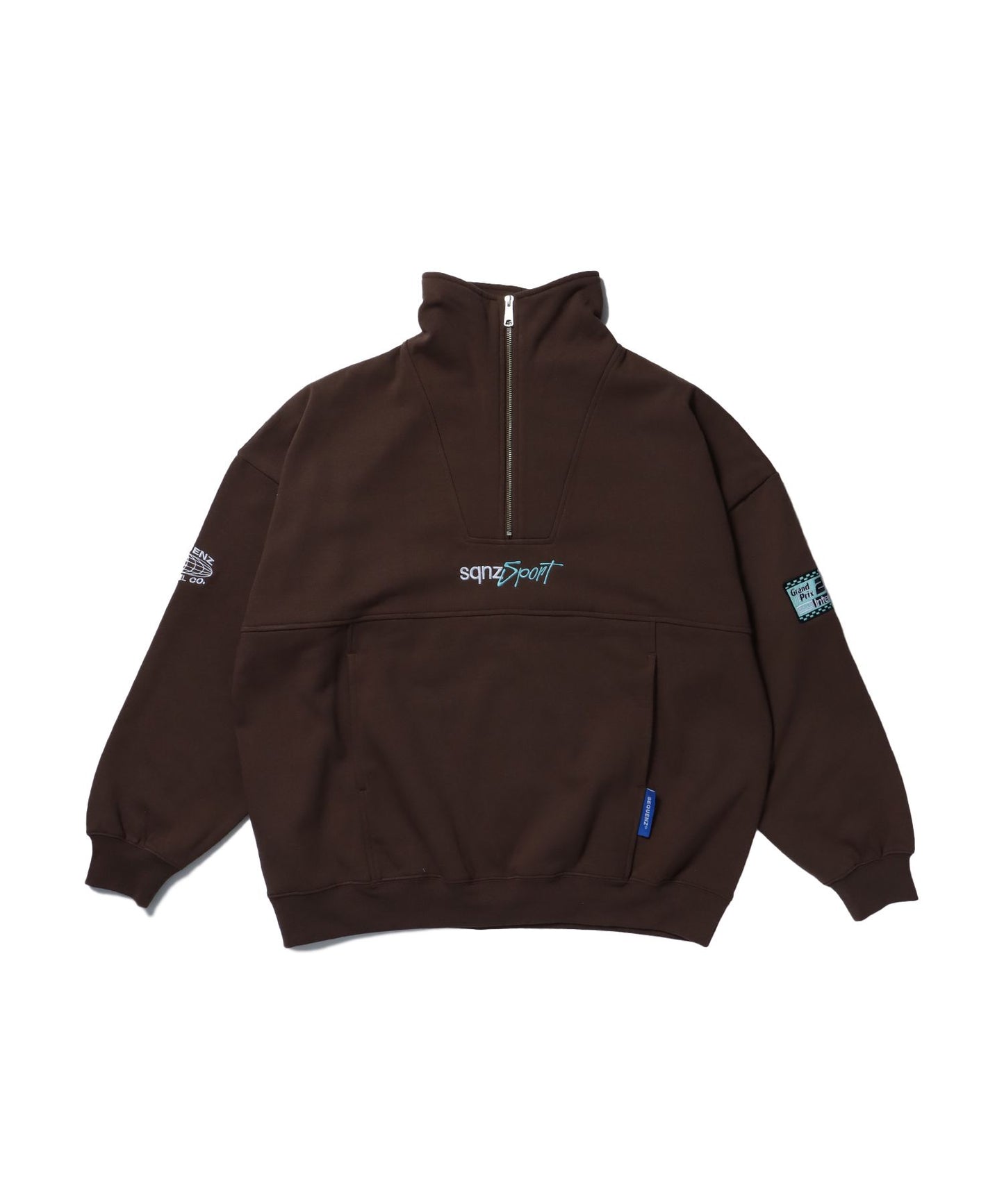 【SEQUENZ】90's SPORTS HALF ZIP SWEAT / ロゴ 刺繍 ワッペン オーバーサイズ ハーフジップ スウェット ダークブラウン