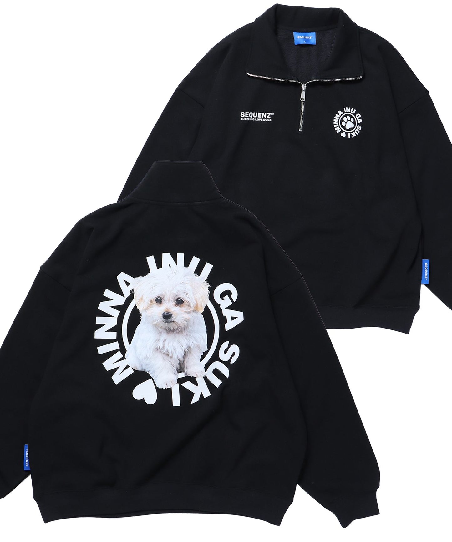 【SEQUENZ】犬が好き バックロゴ ハーフジップ スウェット DOG ブラック