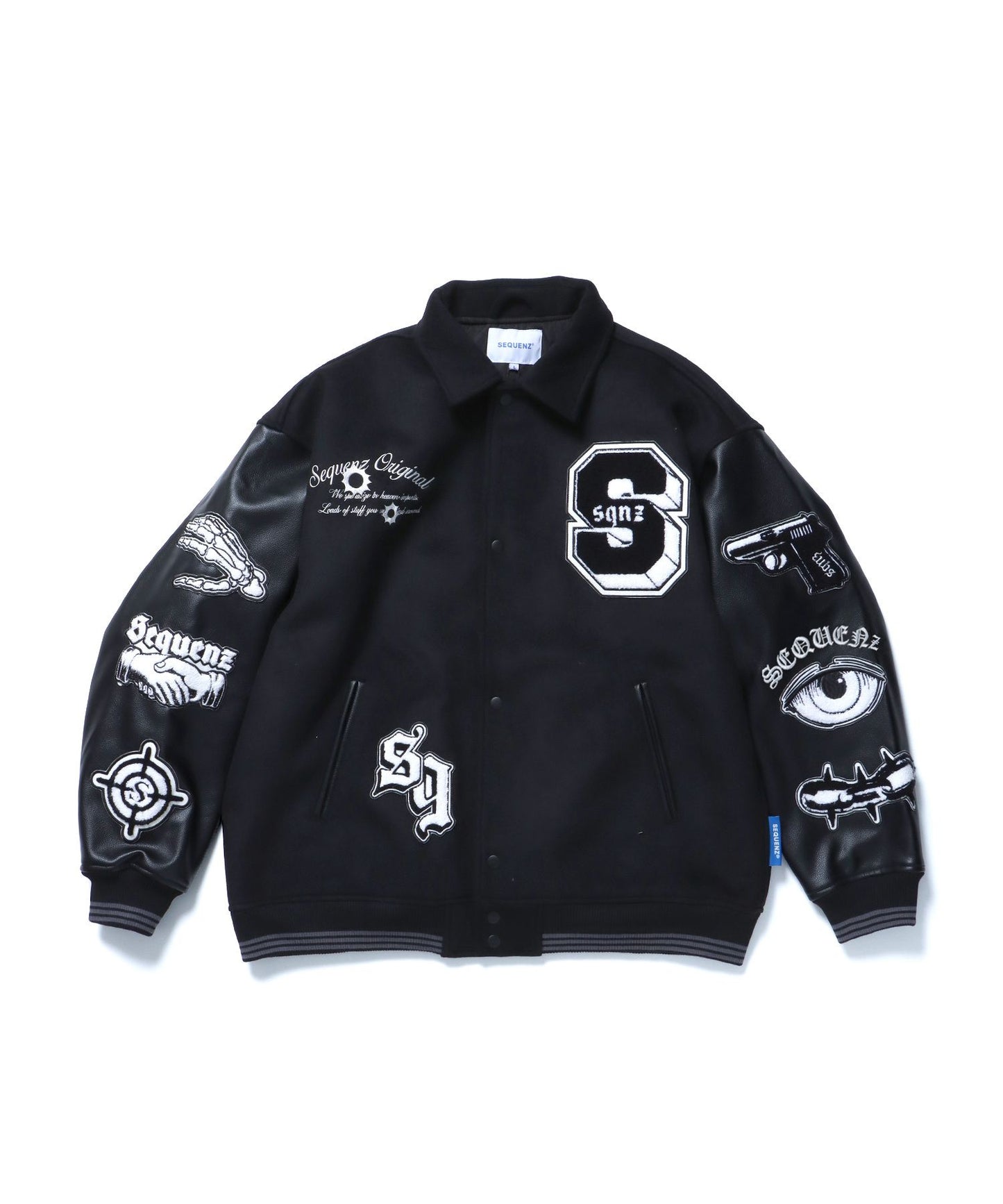 【SEQUENZ】 DARKNESS STADIUM JACKET / レザー 刺繍 ワッペン スタジアムジャンパー スタジャン ブラック